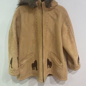 Coldwater Creek faux Suede Tan Parka Coat Petite size Large Women’s Parka Jacket